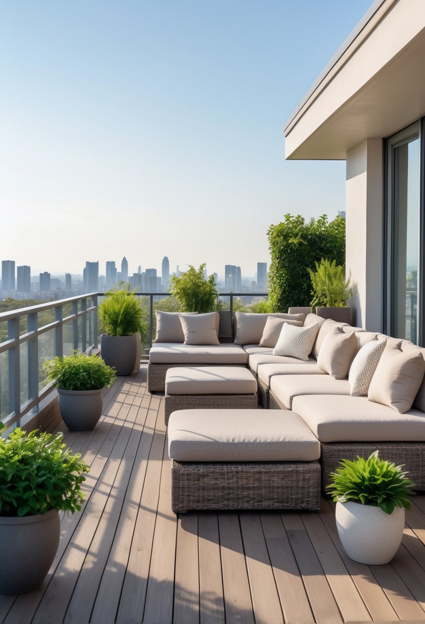 A spacious balcony with modular seating arrangements, plants, and a view of the city or nature.