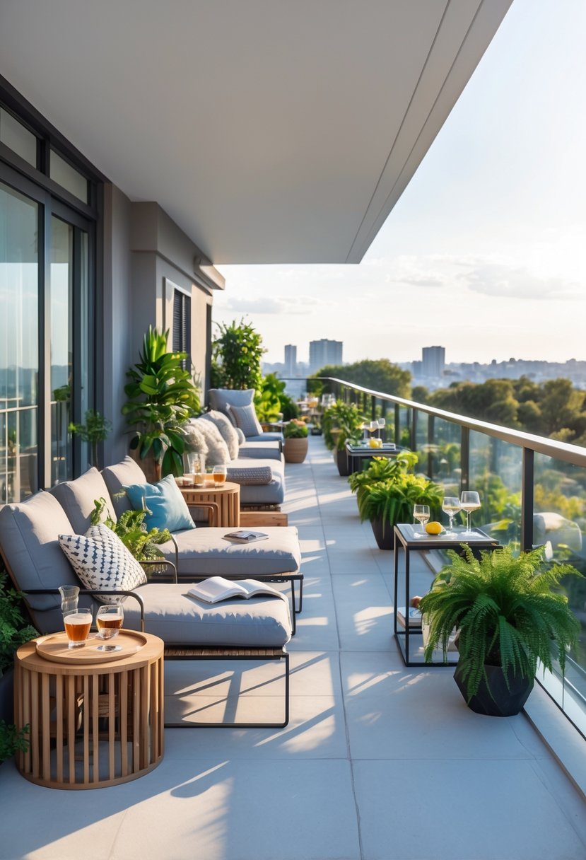 A large balcony with multiple seating areas and side tables holding drinks and books, surrounded by plants and overlooking a city view.
