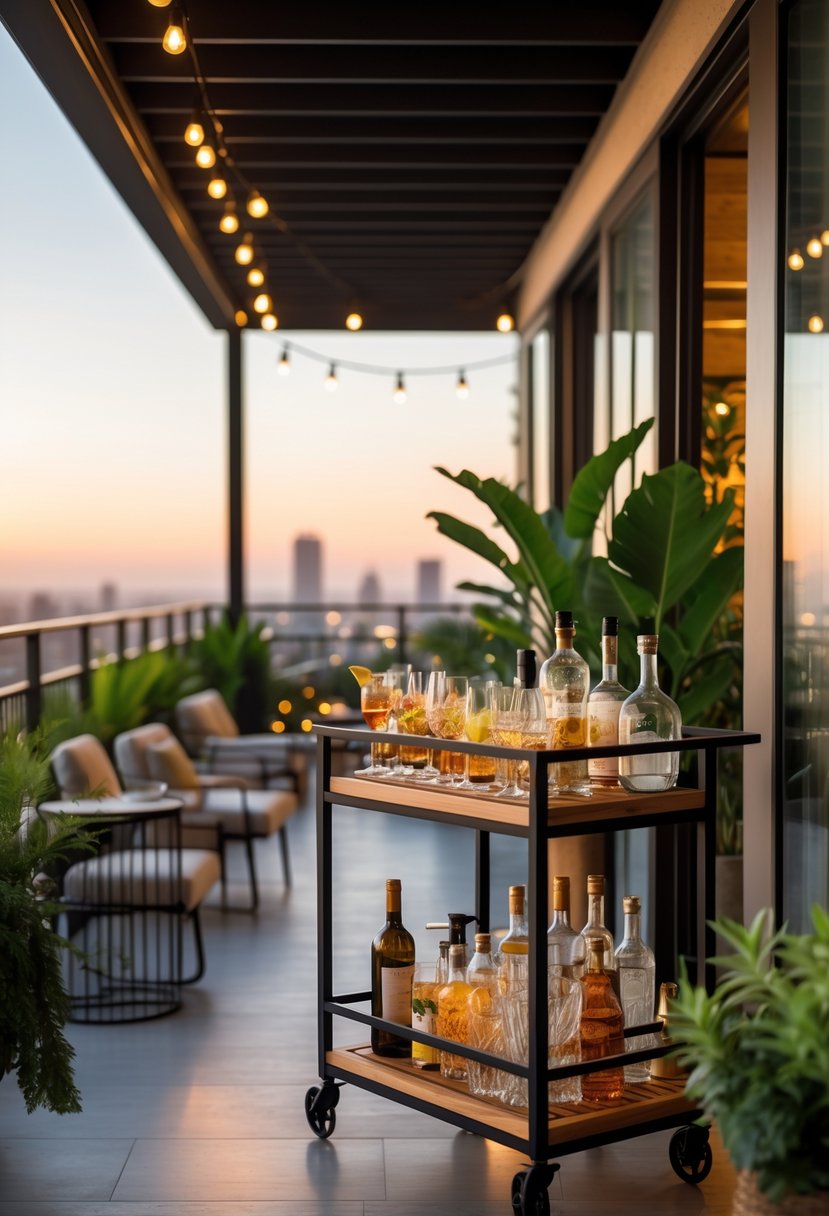 A large outdoor balcony with a stocked bar cart, comfortable seating, plants, and decorative lighting overlooking a cityscape.