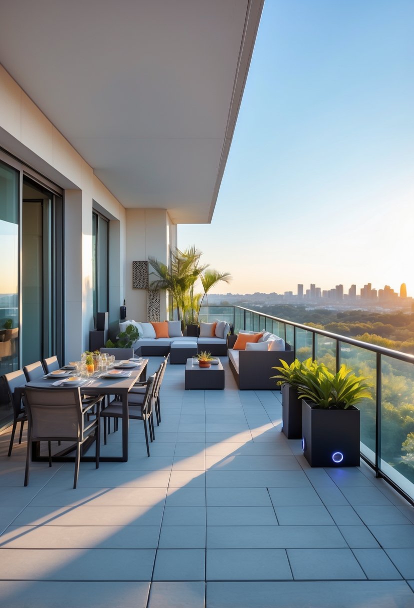 A spacious balcony divided into dining, lounging, and entertainment areas with outdoor furniture and plants overlooking a city or natural view.