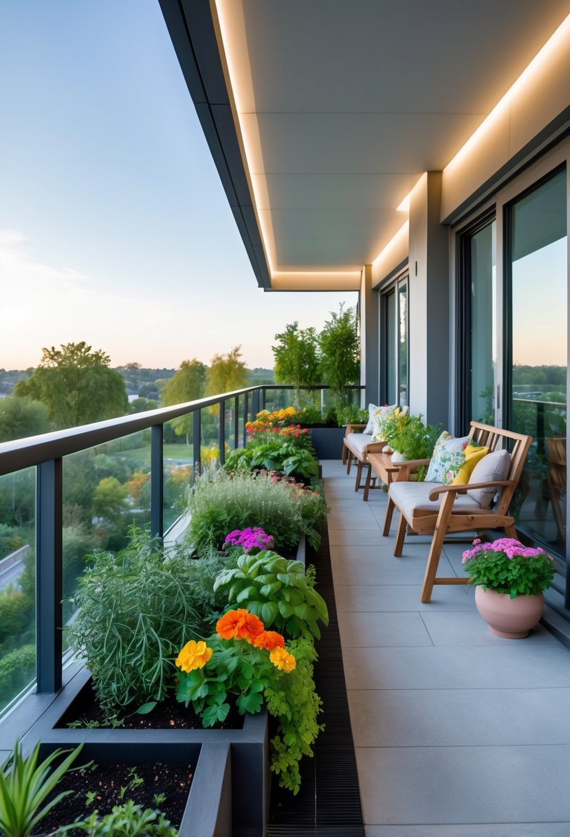 A large balcony with built-in planters filled with herbs and flowers, comfortable seating, and a view of greenery and sky.