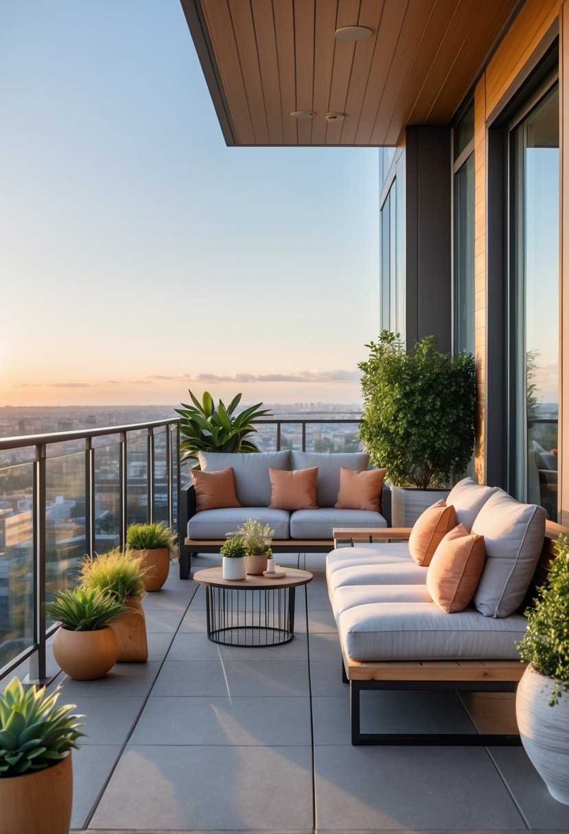 A spacious modern balcony with comfortable seating, plants, and a scenic view in the background.