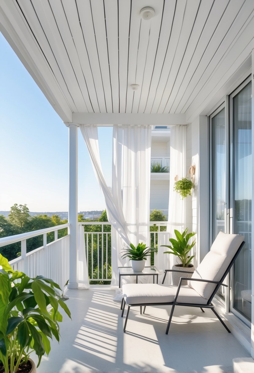 A balcony with a white painted ceiling, outdoor seating, and green plants under natural sunlight.