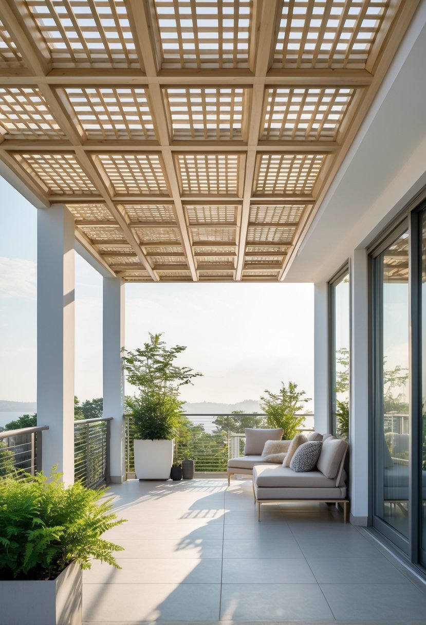 A balcony with a wooden lattice ceiling design, comfortable seating, and surrounding plants.