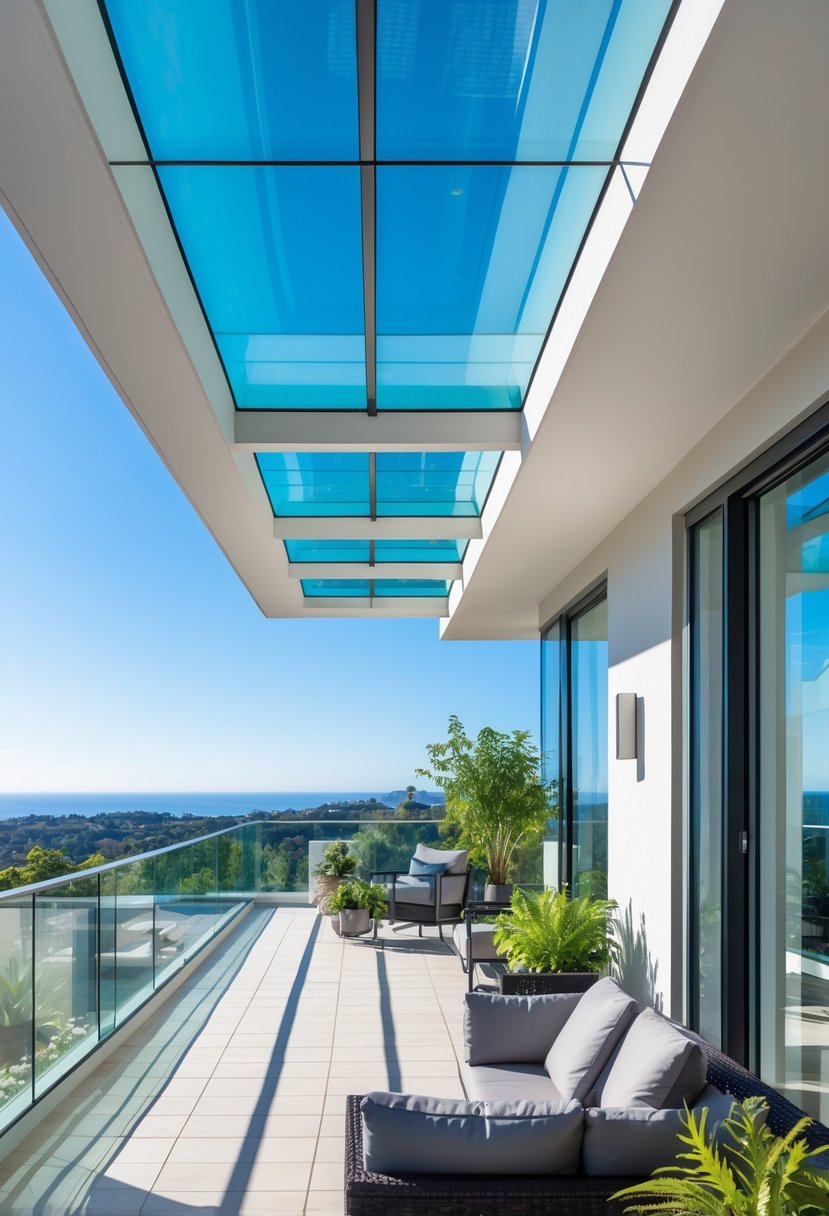 A modern balcony with a glass-insert ceiling letting in natural sunlight, furnished with outdoor seating and plants under a clear sky.