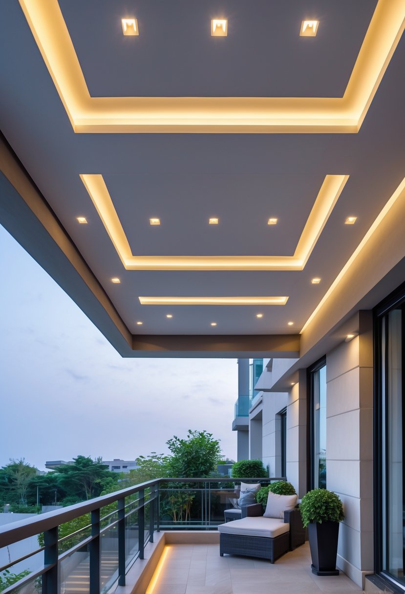 A balcony ceiling with a false ceiling design and recessed lighting, overlooking an outdoor seating area with plants.