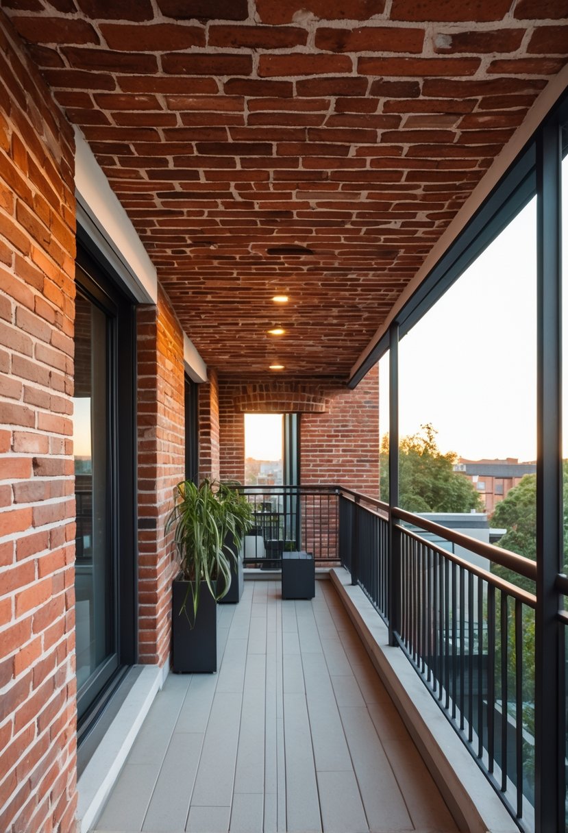 A balcony with an exposed brick ceiling and modern railings, featuring natural light and outdoor furniture.