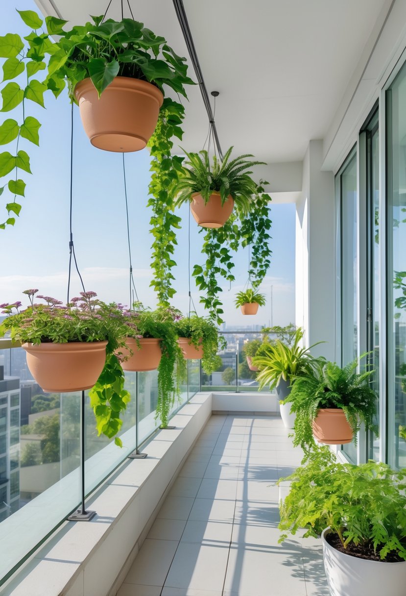 A balcony with several ceiling-mounted hanging plants in pots, showing green foliage and flowers under natural sunlight.