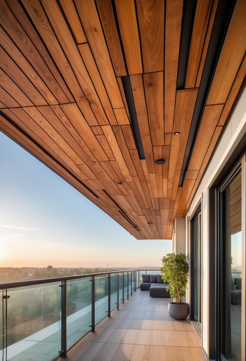 A balcony ceiling made of natural wood panels with visible grain, featuring warm lighting and a partial view of outdoor seating below.
