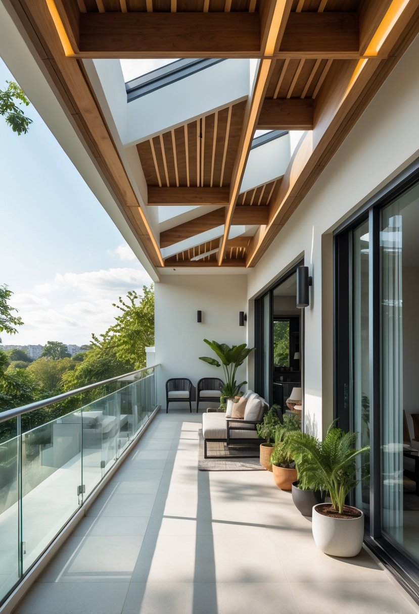 A balcony with an open-concept ceiling that connects the indoor living area to the outdoor space, featuring wooden beams, skylights, plants, and comfortable seating.