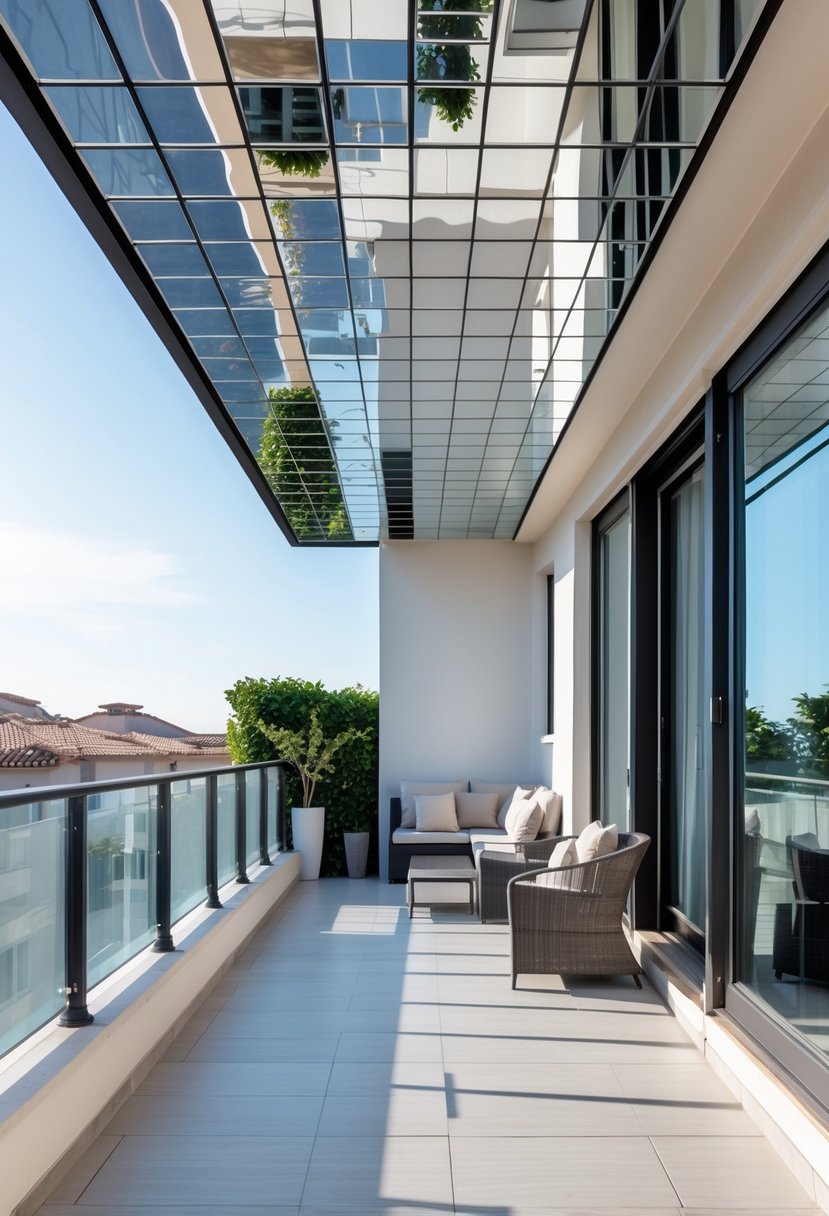 A balcony with a ceiling covered in mirror tiles reflecting the sky and surroundings, creating a spacious and bright outdoor area with seating.