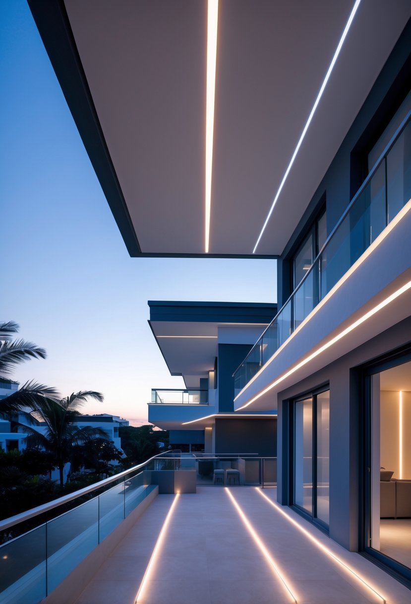 View of multiple balcony ceilings featuring integrated LED strip lighting illuminating the area with soft ambient light.