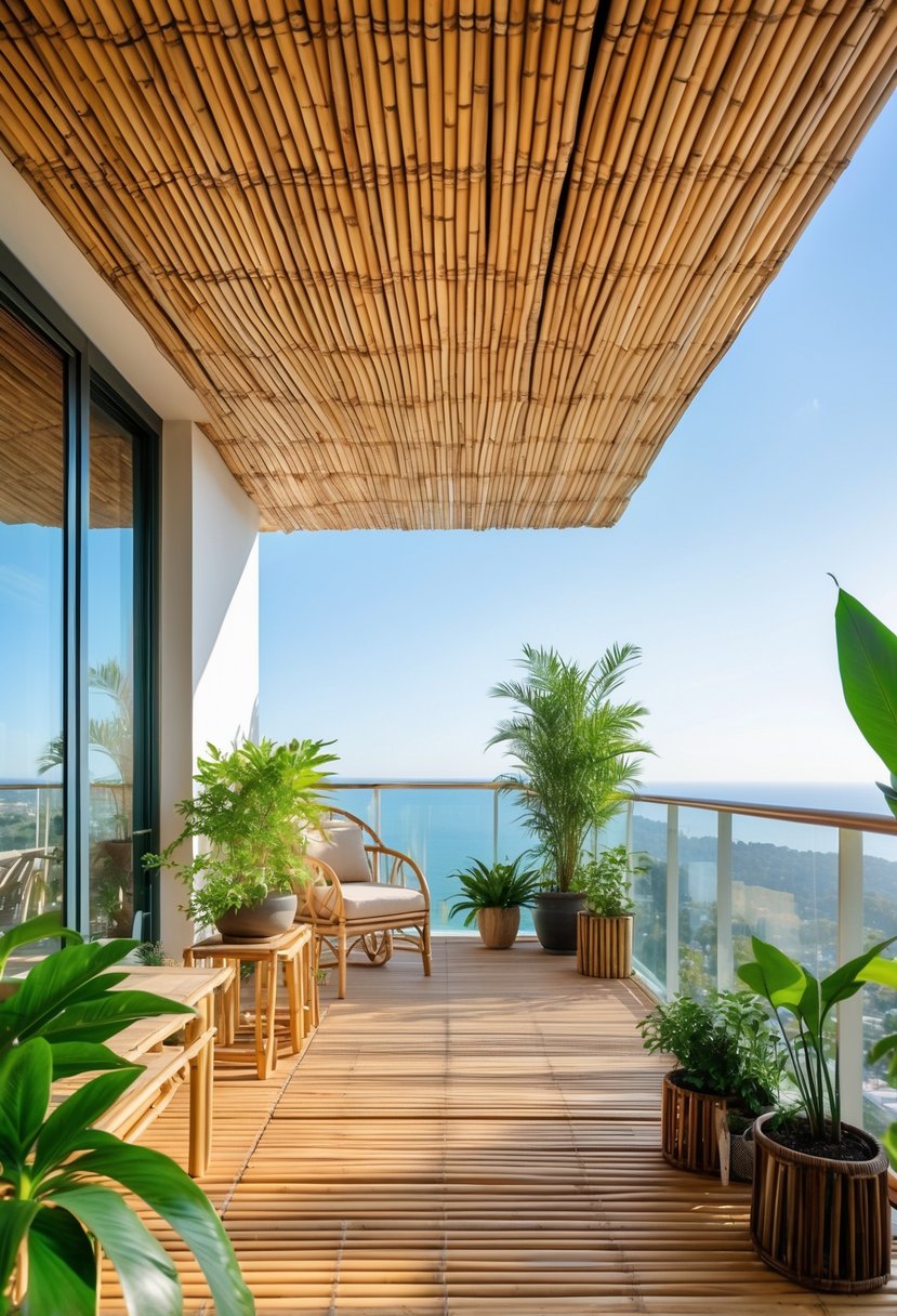 A balcony with a ceiling made of bamboo, green plants, and outdoor furniture under a clear sky.