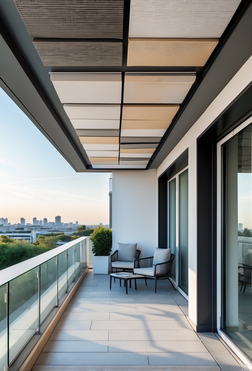 A balcony ceiling with various acoustic panels designed for sound control on modern residential buildings, featuring outdoor furniture and city views.