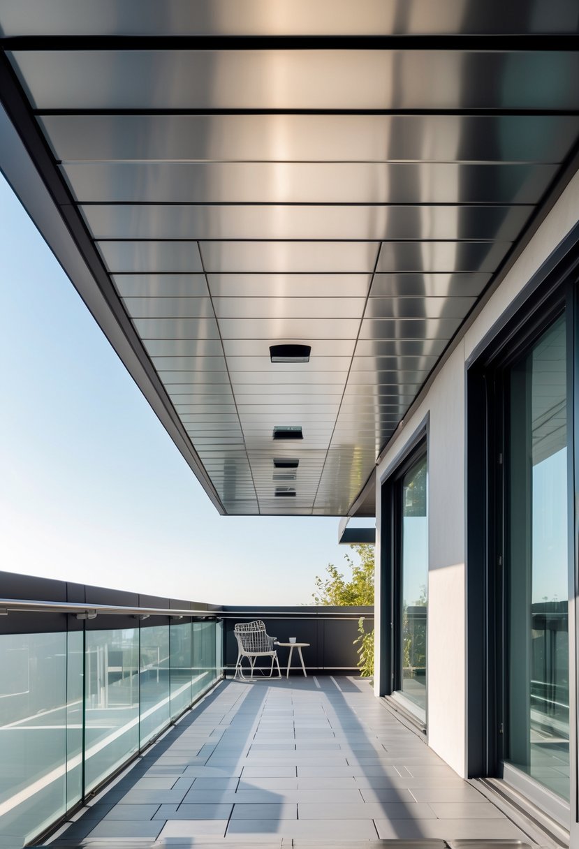 A balcony with a ceiling made of coated metal panels, featuring a modern design and outdoor furniture.