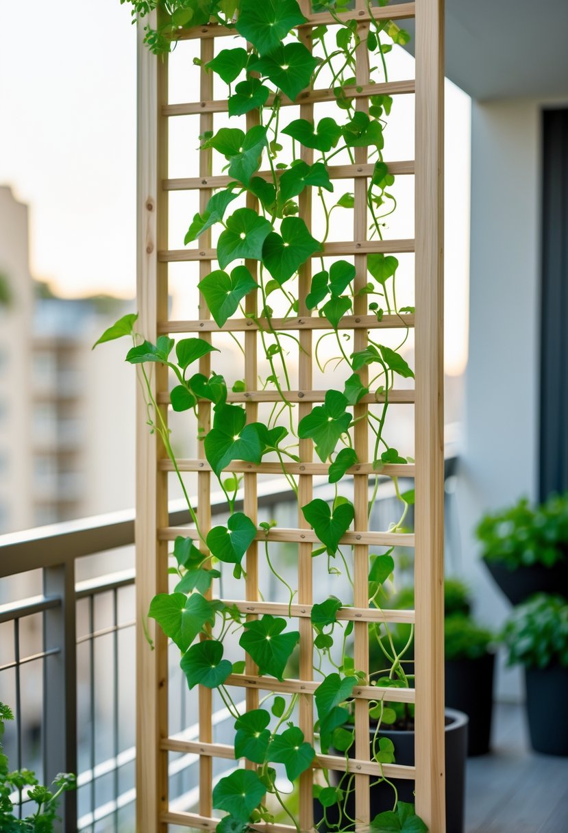 Vertical wooden lattice trellis on a balcony with green climbing vines growing on it and potted plants nearby.