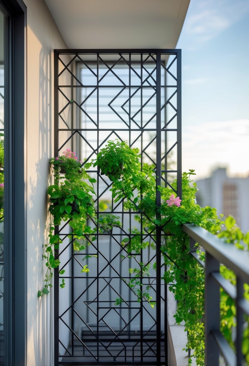 A balcony with a metal trellis featuring geometric patterns and green climbing plants growing on it.