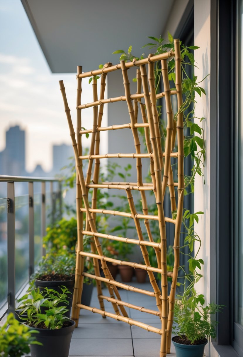 A foldable bamboo trellis on a balcony with potted plants and climbing vines.