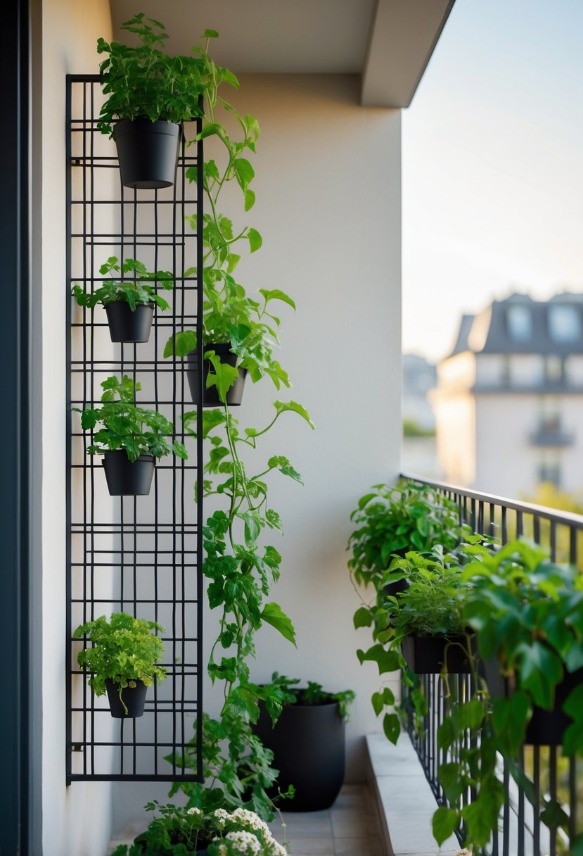 A balcony with a wall-mounted metal grid trellis holding climbing plants and hooks, surrounded by greenery and sunlight.