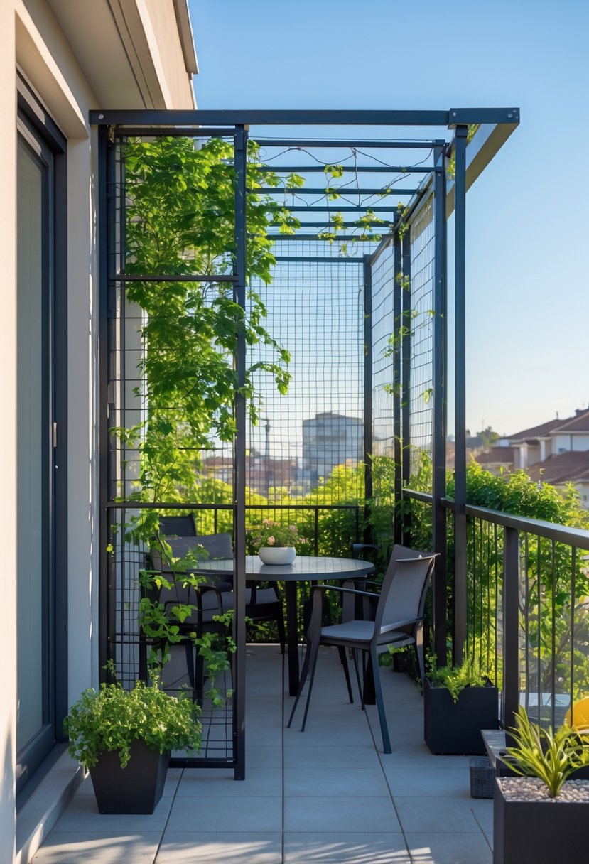 Expandable metal trellis partially extended on a balcony with plants and outdoor furniture.