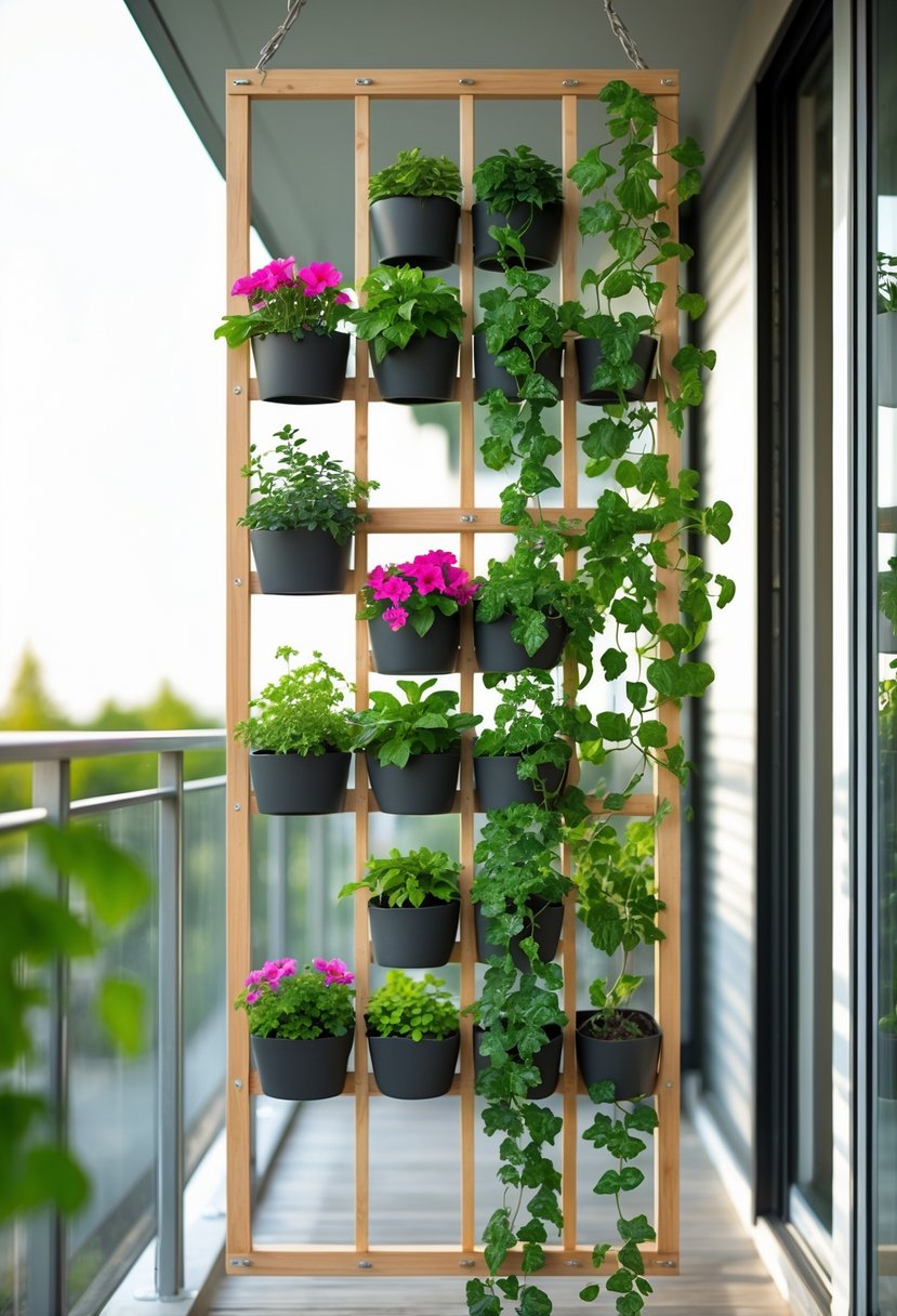 A balcony with a wooden hanging trellis planter holding twelve built-in pots filled with green climbing plants and colorful flowers.