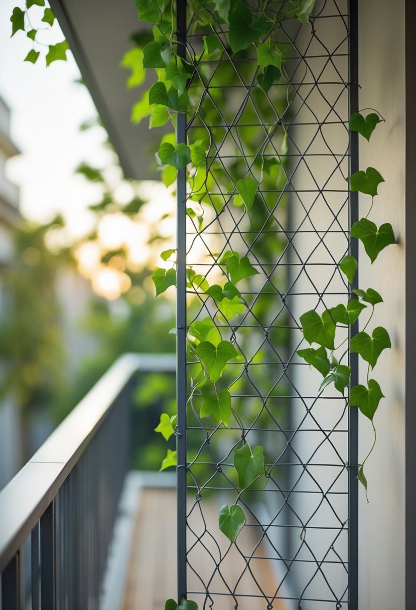 A diamond-shaped metal wire trellis on a balcony with green ivy growing on it.