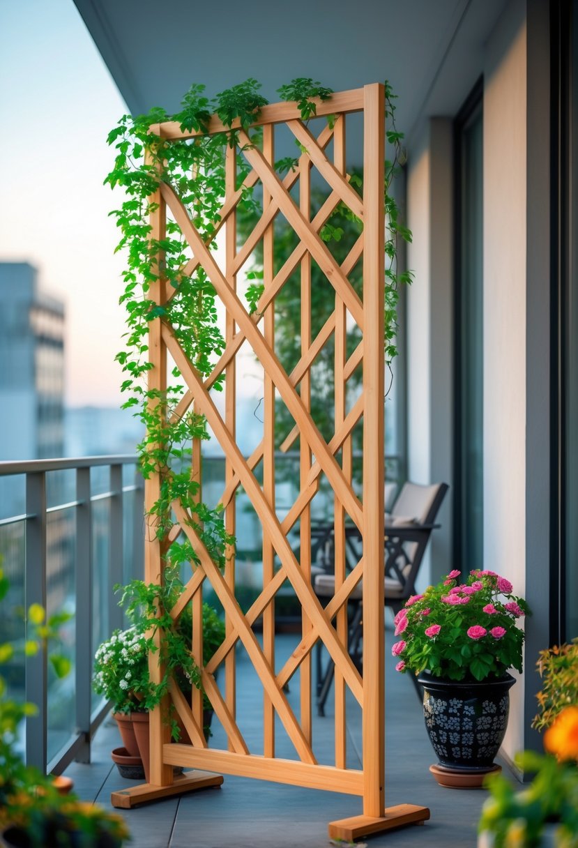 A wooden freestanding lattice trellis on a balcony with climbing plants and flowers, overlooking an outdoor view.