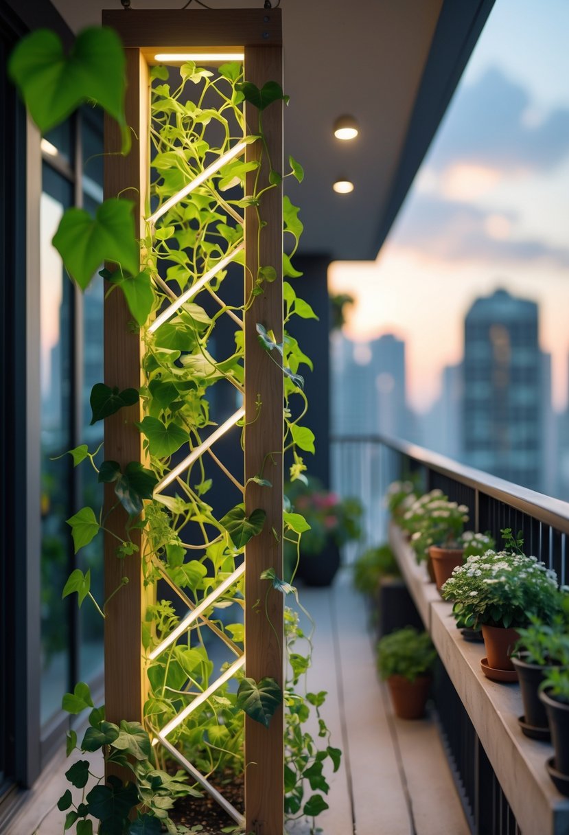 A balcony with a wooden trellis supporting green climbing plants illuminated by integrated LED grow lights, with potted plants along the railing and a cityscape in the background.