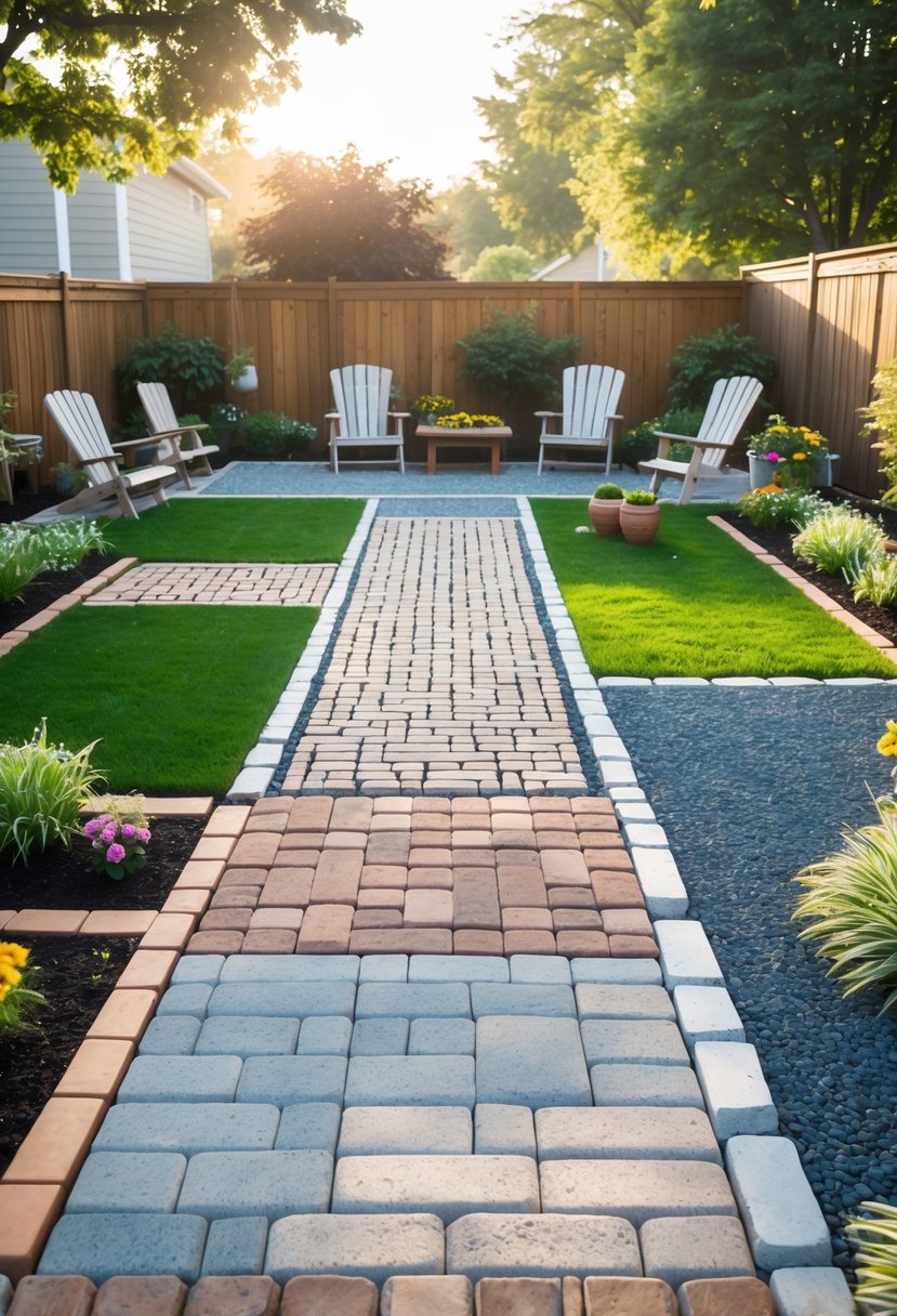 A backyard with several small outdoor areas featuring different types of pavers, surrounded by grass, plants, and simple outdoor furniture.