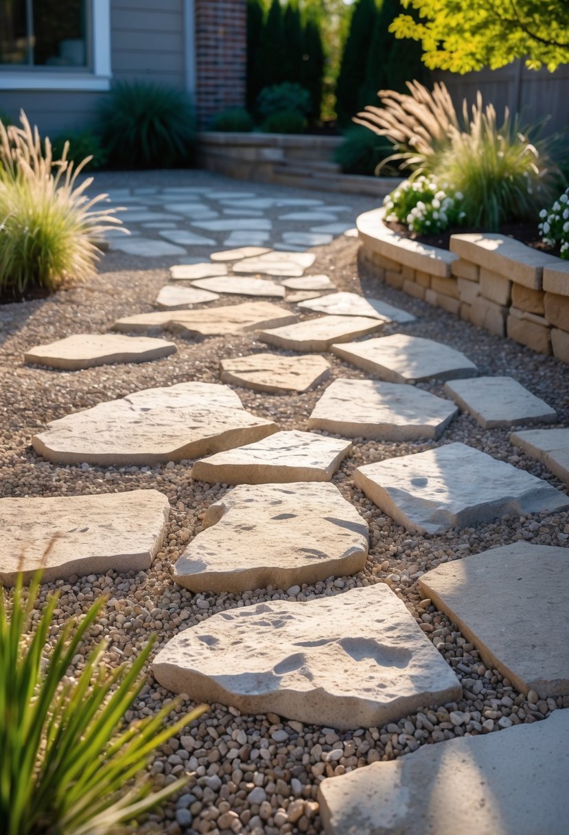 Backyard patio with a mix of gravel and large stone pavers surrounded by plants.