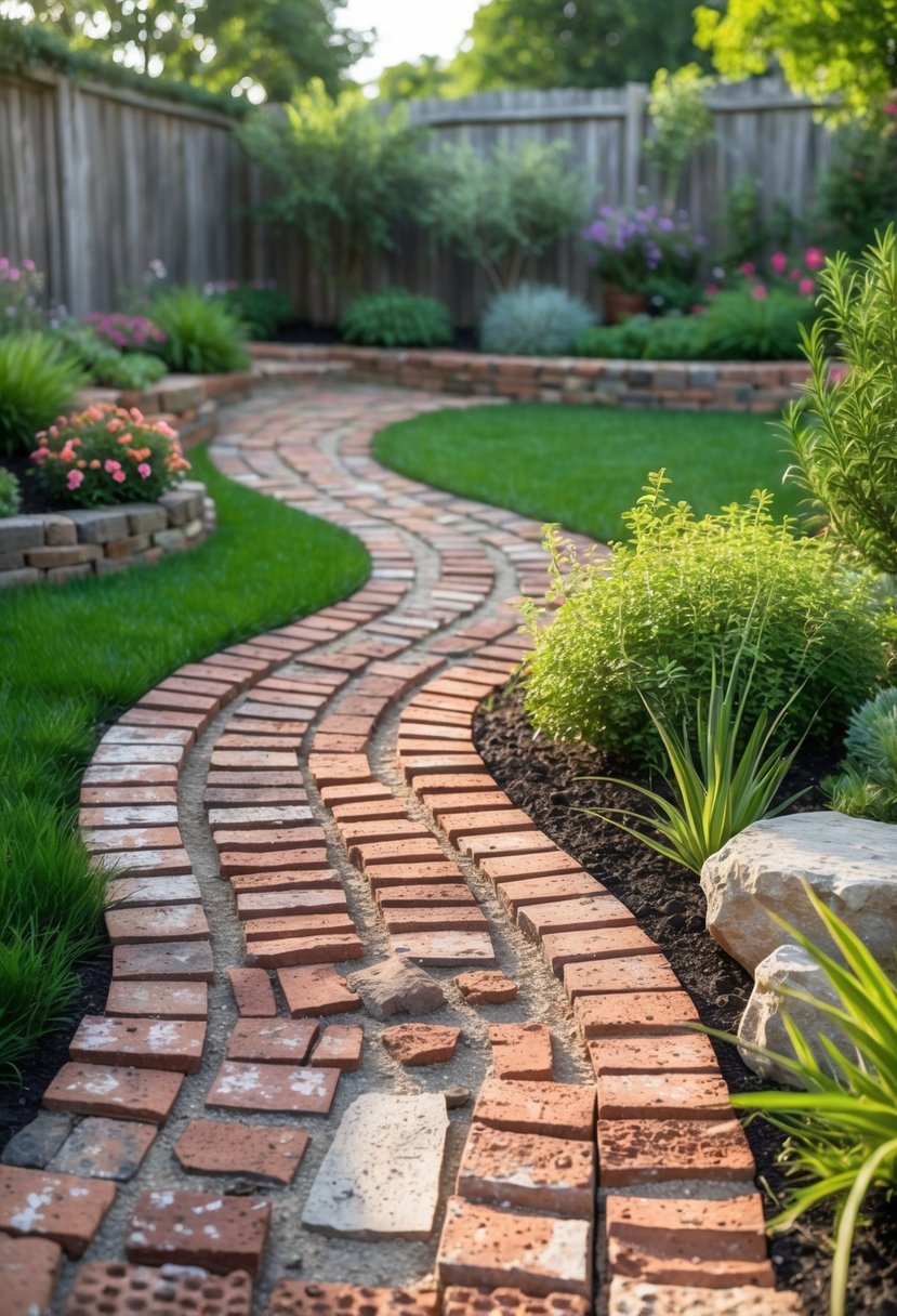 A backyard with winding pathways made of reclaimed red bricks surrounded by green grass and colorful plants.