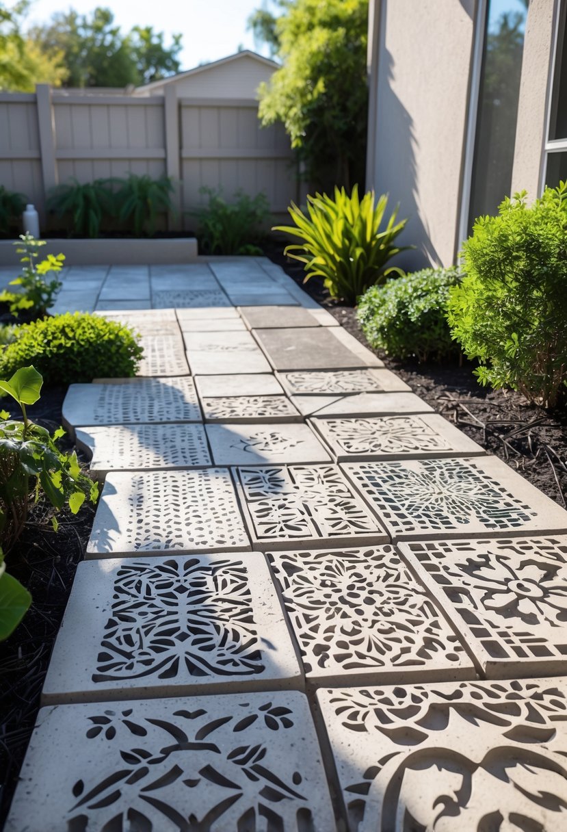 Backyard paved with concrete slabs featuring various stencil patterns, surrounded by green plants and shrubs.