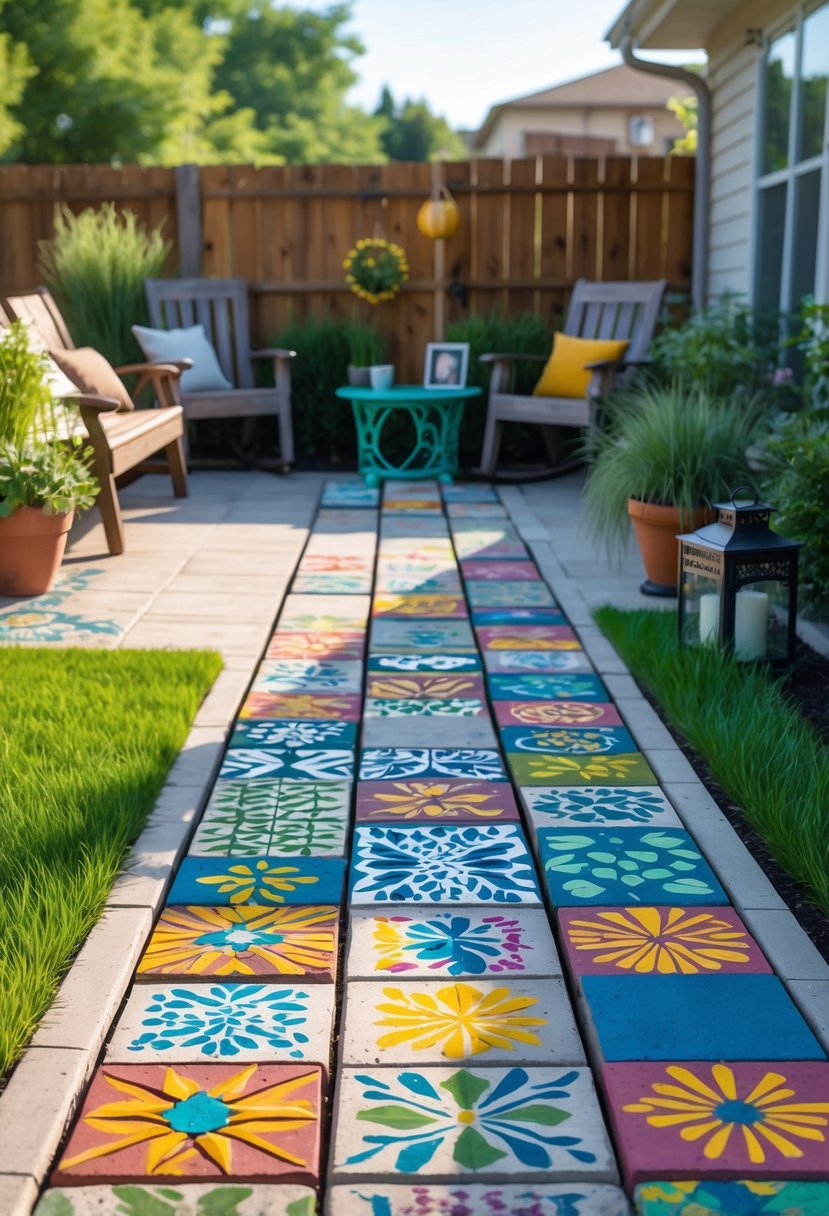 A backyard with colorful painted concrete pavers arranged as a walkway and patio, surrounded by green grass, plants, and outdoor furniture.
