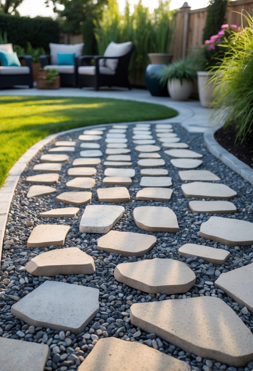 Backyard paved with pea gravel and flagstone inserts surrounded by grass and garden plants.