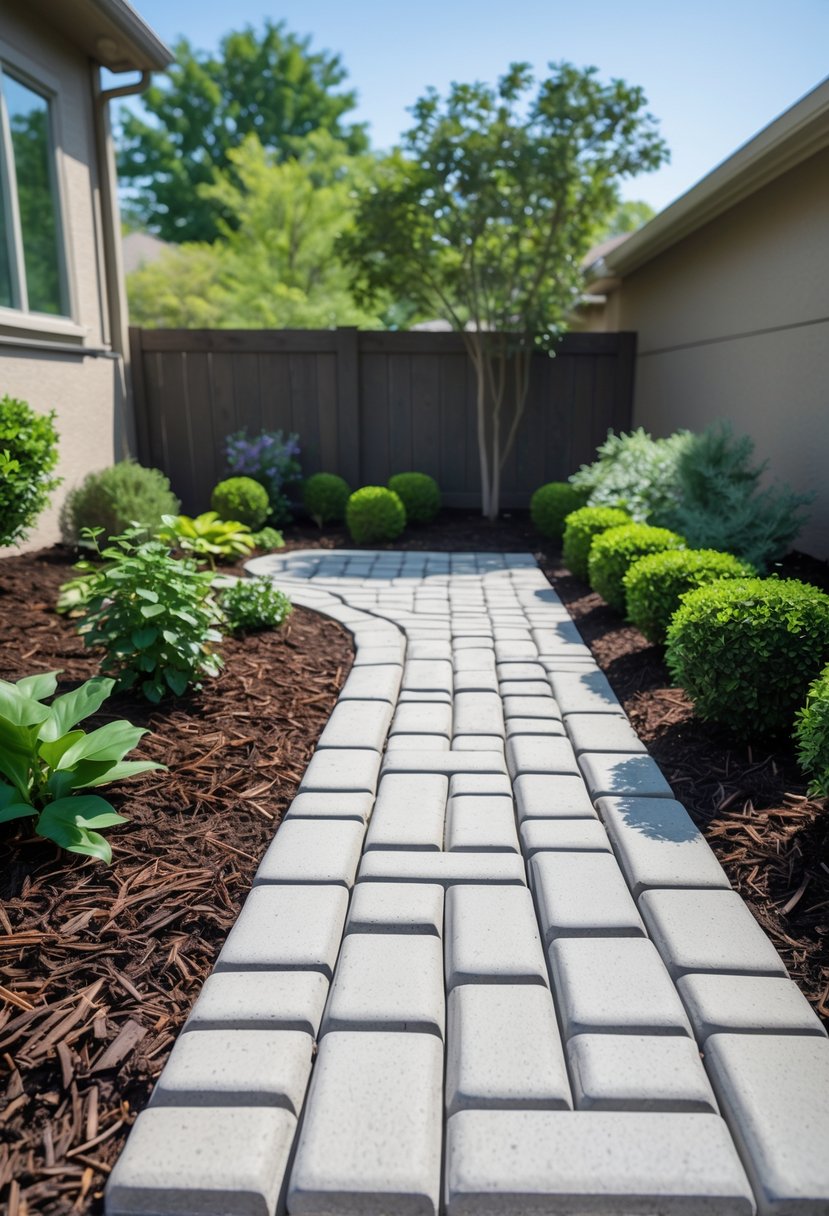 Backyard with concrete pavers bordered by dark mulch and surrounded by green plants and shrubs.