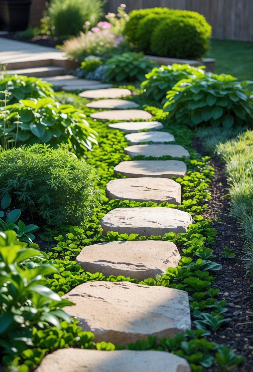 A backyard pathway with stone stepping stones surrounded by green ground cover plants.