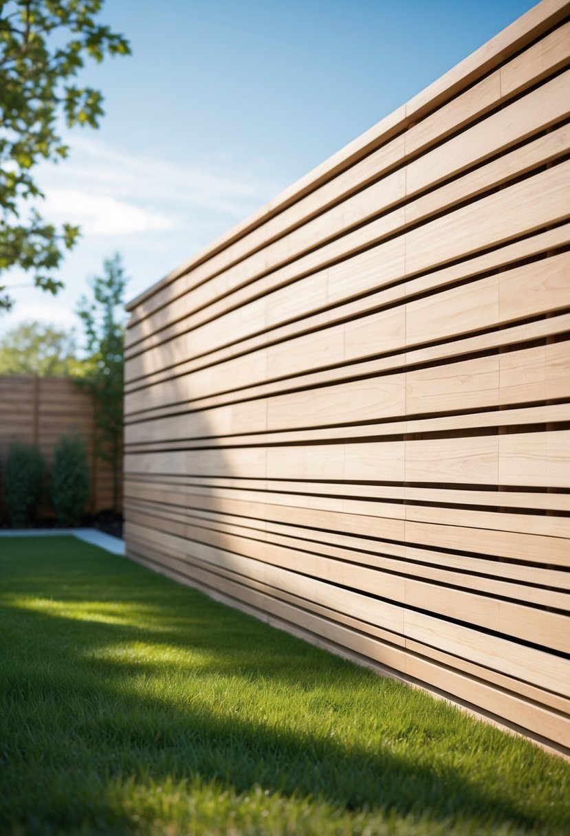 A backyard with a horizontal wood slat fence, green lawn, and plants in the background under a clear sky.