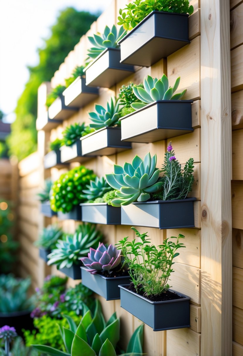 Vertical wooden fence with various succulents and herbs growing in attached planters in a backyard garden.