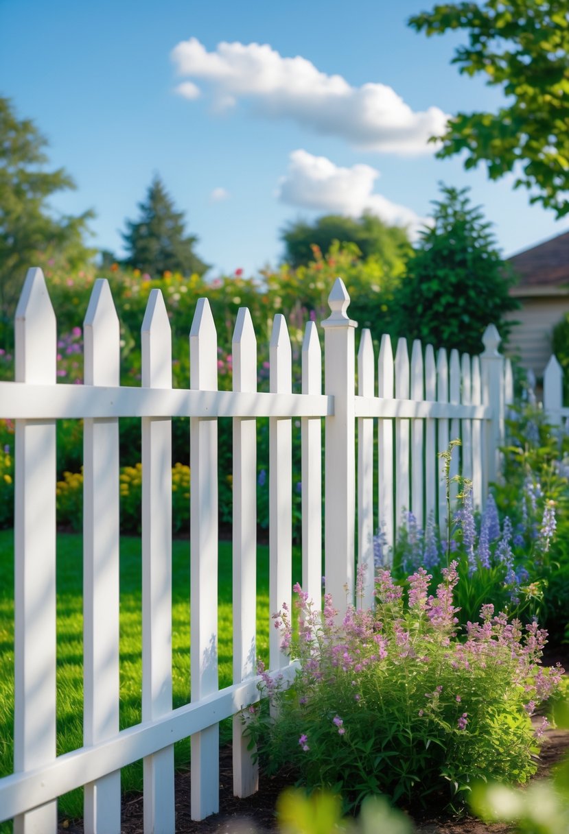A white wooden picket fence enclosing a green backyard with flowers and shrubs under a blue sky.