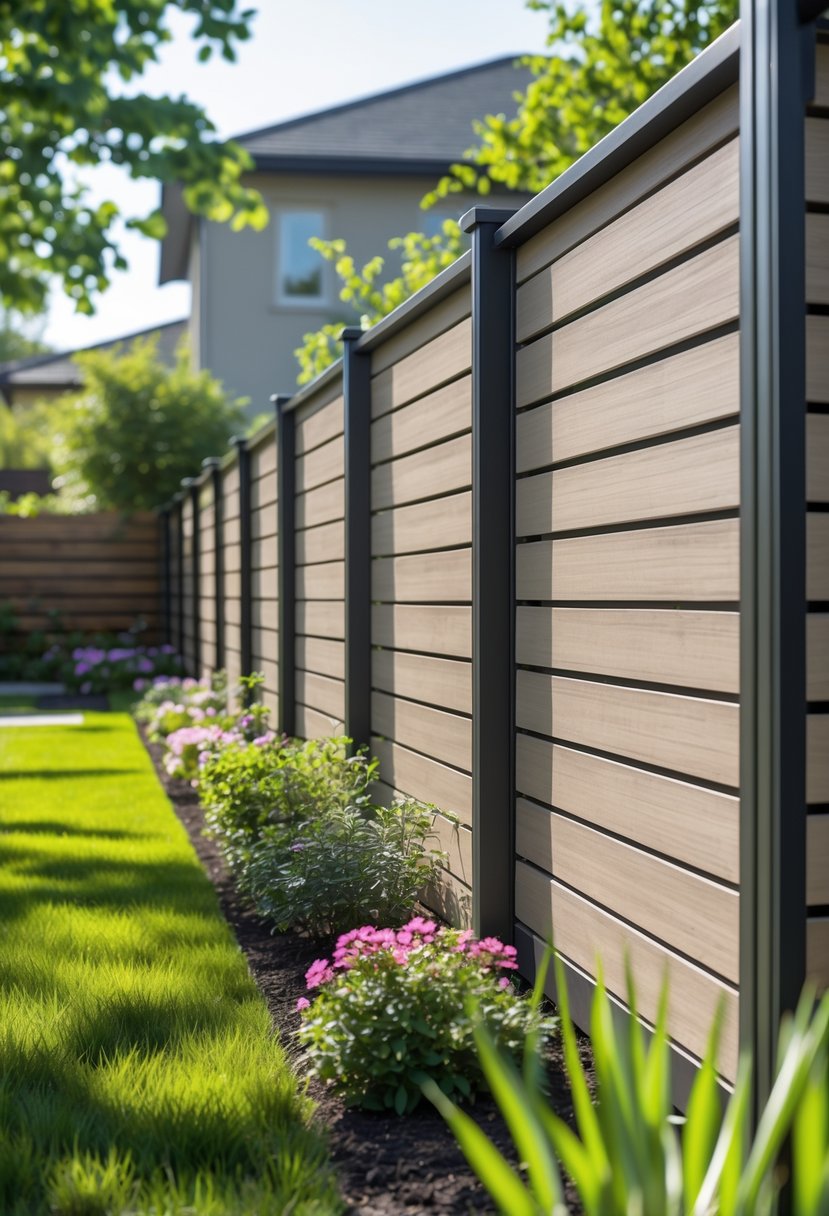 A backyard with a privacy fence made of composite panels, surrounded by green grass and flowering plants.