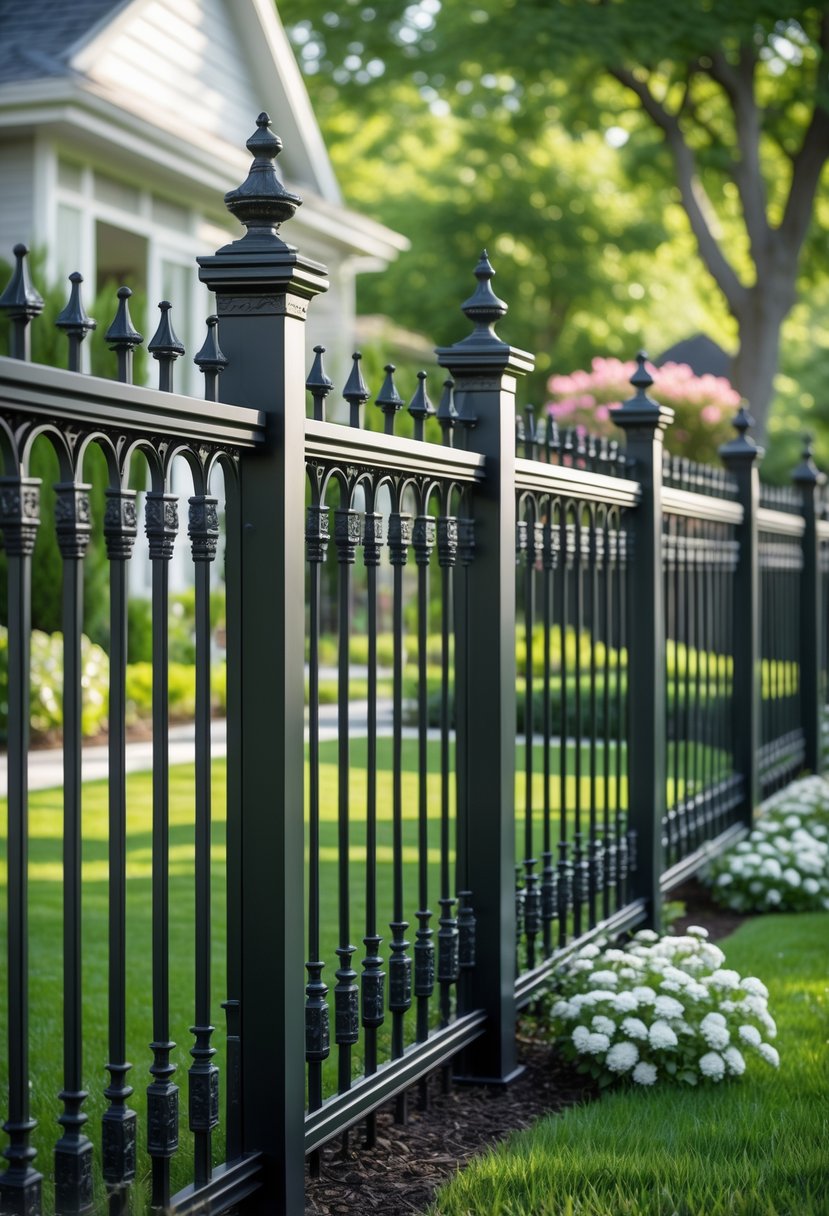A wrought iron backyard fence with decorative details surrounded by green grass and plants in a residential garden.