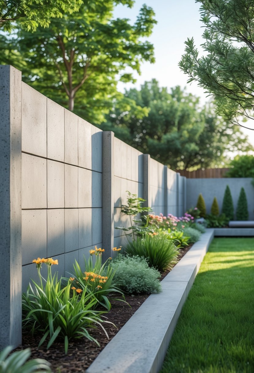 A backyard with a solid concrete fence surrounded by green grass and plants.