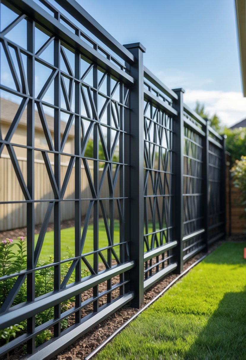 A metal backyard fence with geometric patterns surrounded by grass and plants under a clear sky.