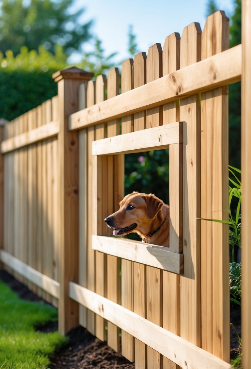 Wooden backyard fence with a small doggie window opening and green grass visible behind it.