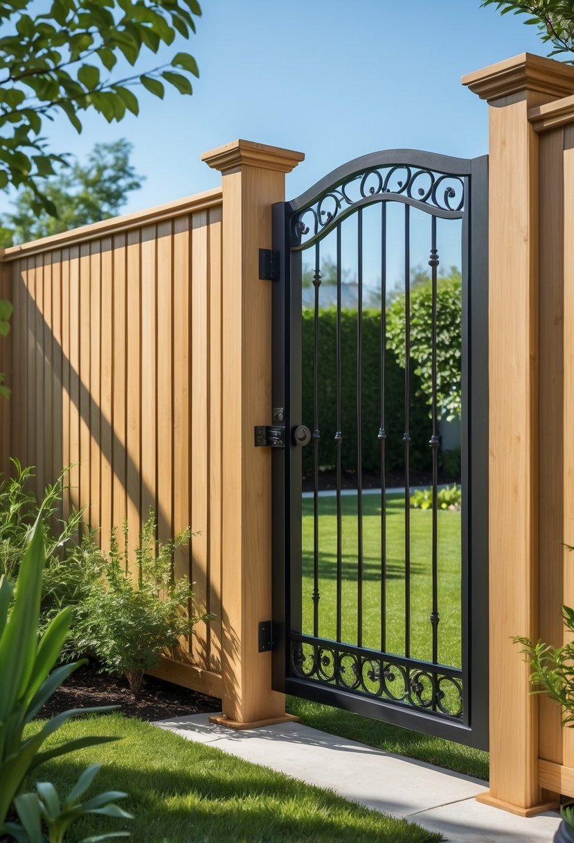 Backyard fence combining wooden panels with a black iron gate surrounded by grass and plants.