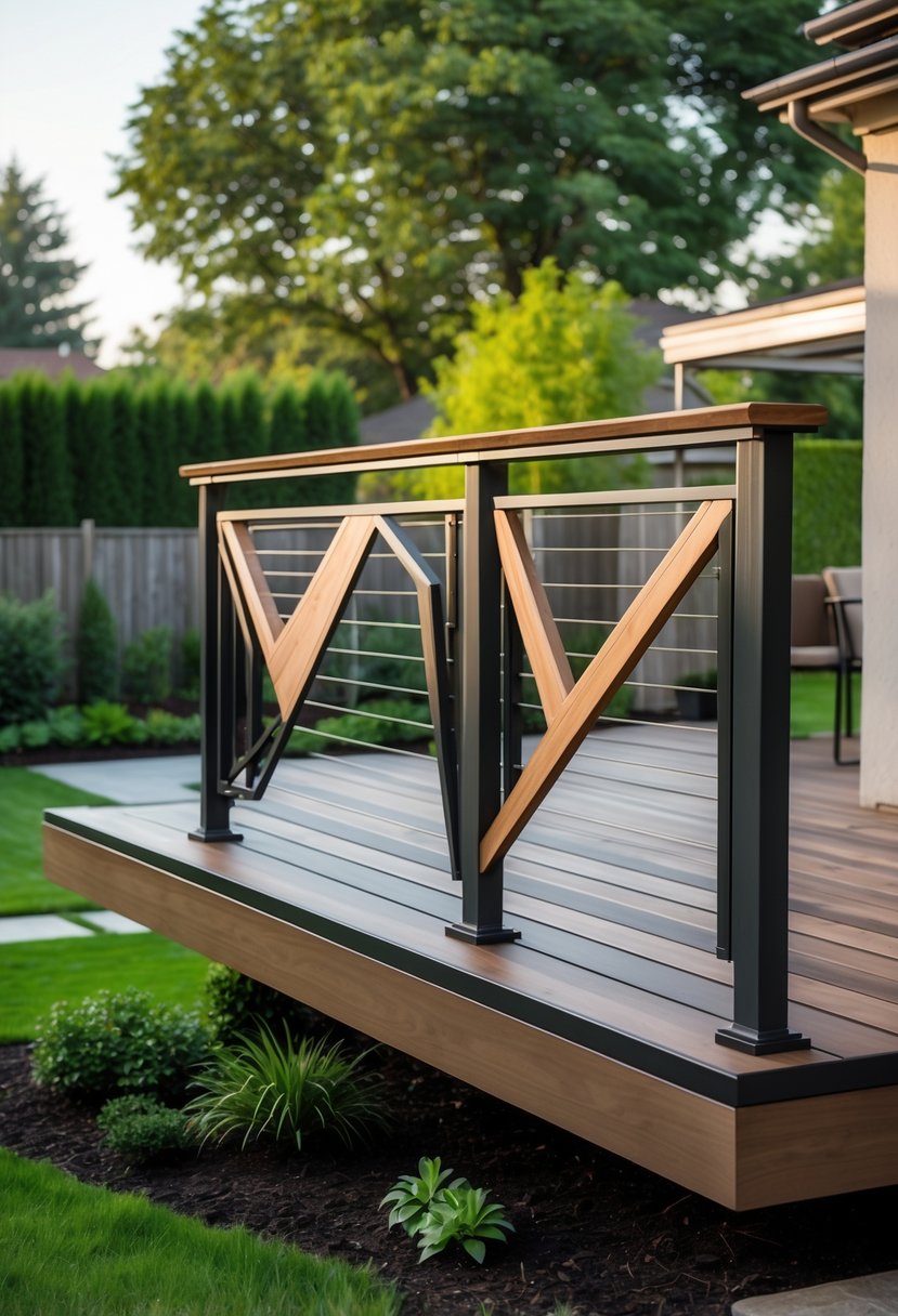 A backyard with a floating wooden deck featuring a creative railing and surrounded by green plants and trees.