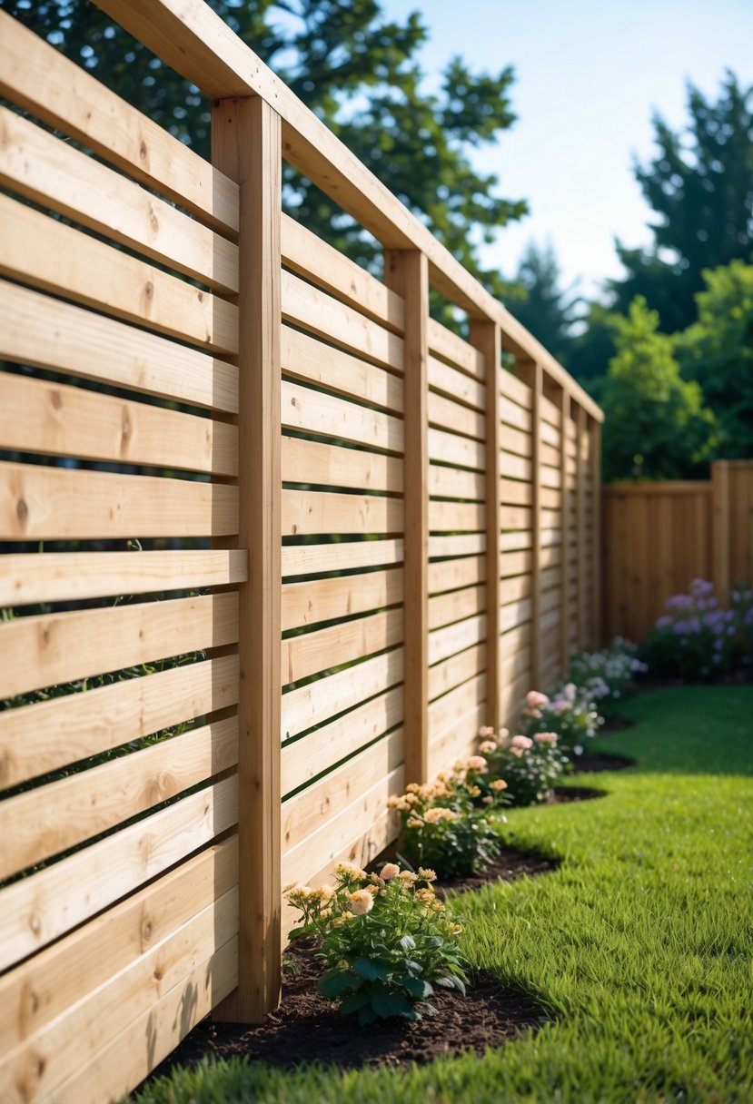 A backyard with a wooden fence featuring horizontal X-shaped patterns, green grass, and plants under a clear sky.