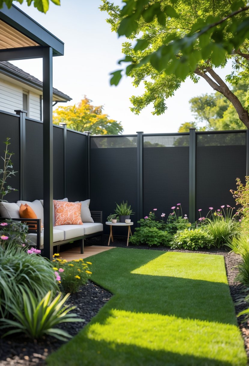 Backyard with a privacy fence made from heavy-duty fabric screens, surrounded by green grass, flowering plants, and outdoor seating.
