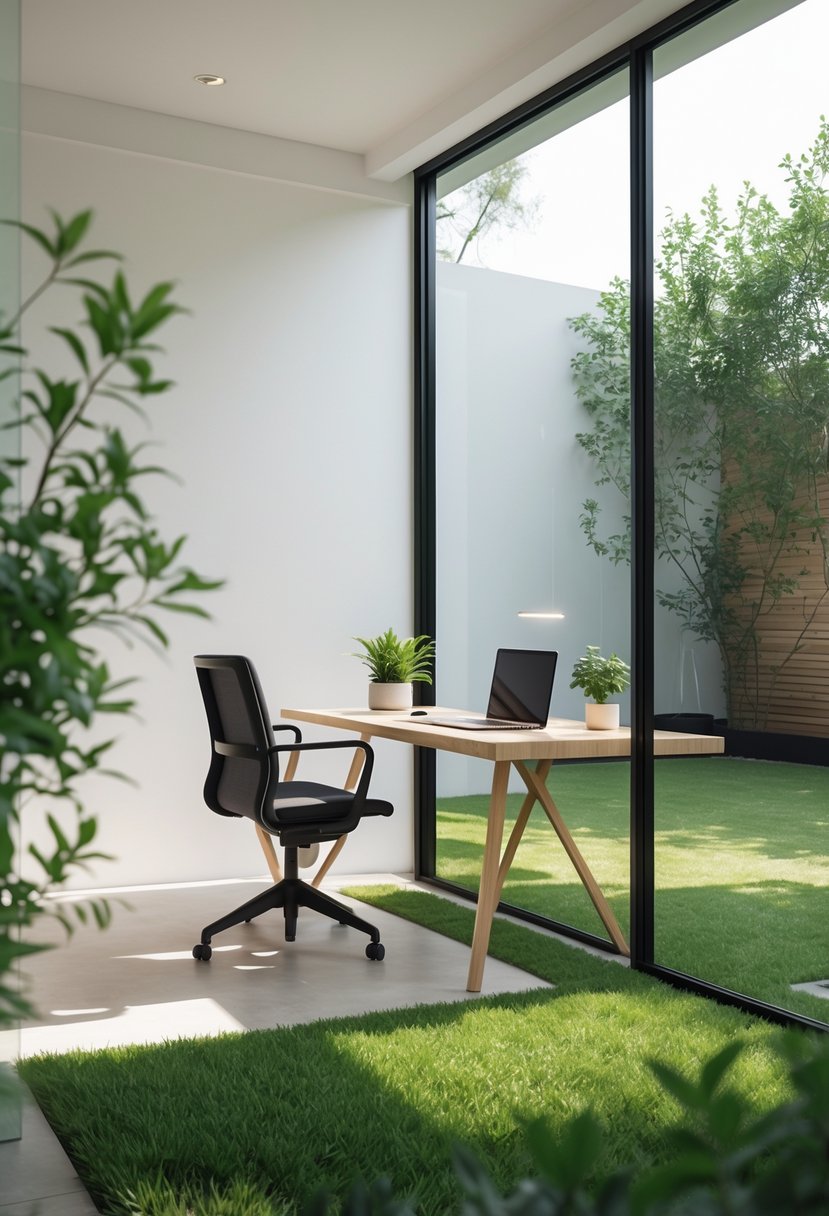 A backyard office studio with large windows, a wooden desk, a laptop, and a chair surrounded by green grass and plants.