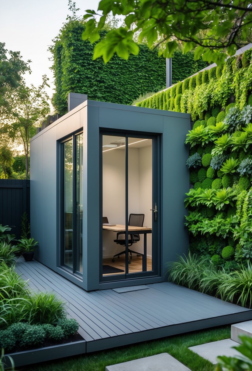 A gray backyard office with large glass windows surrounded by a green living wall and a wooden deck seating area.